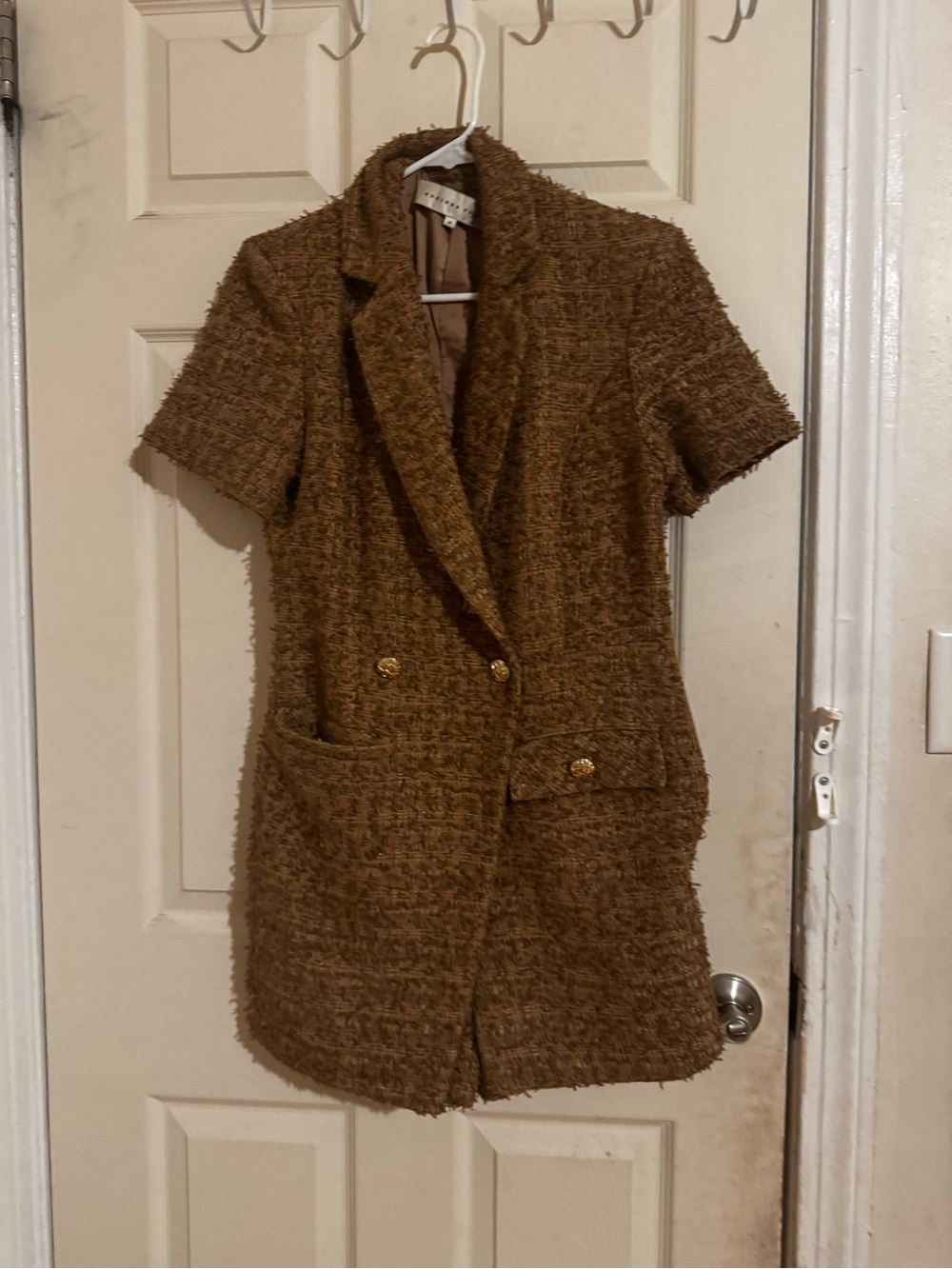 Endless Rose Brown Tweed Short-Sleeve Romper with Gold Buttons